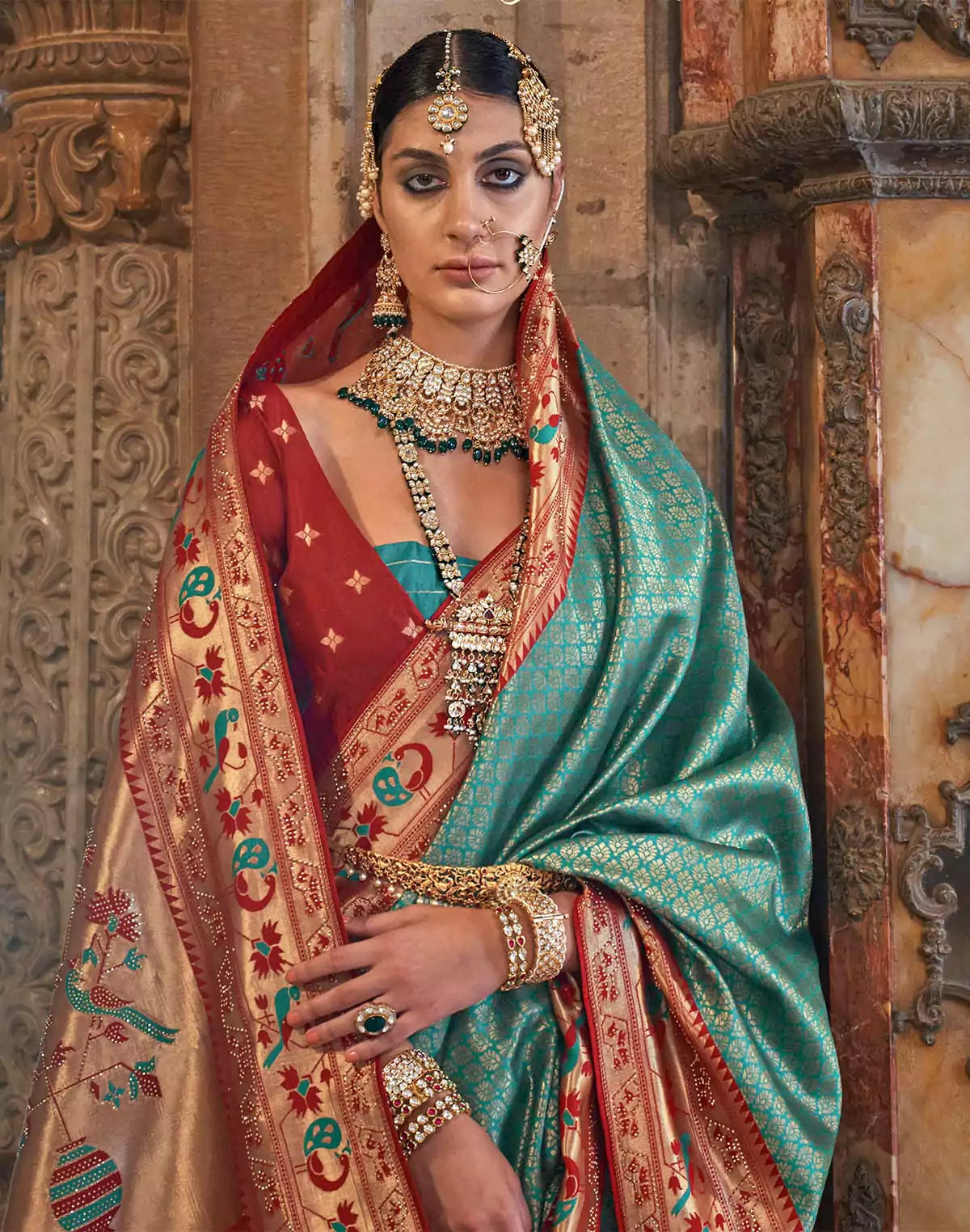 Image of Turquoise Banaras Silk Brocade weaving Saree