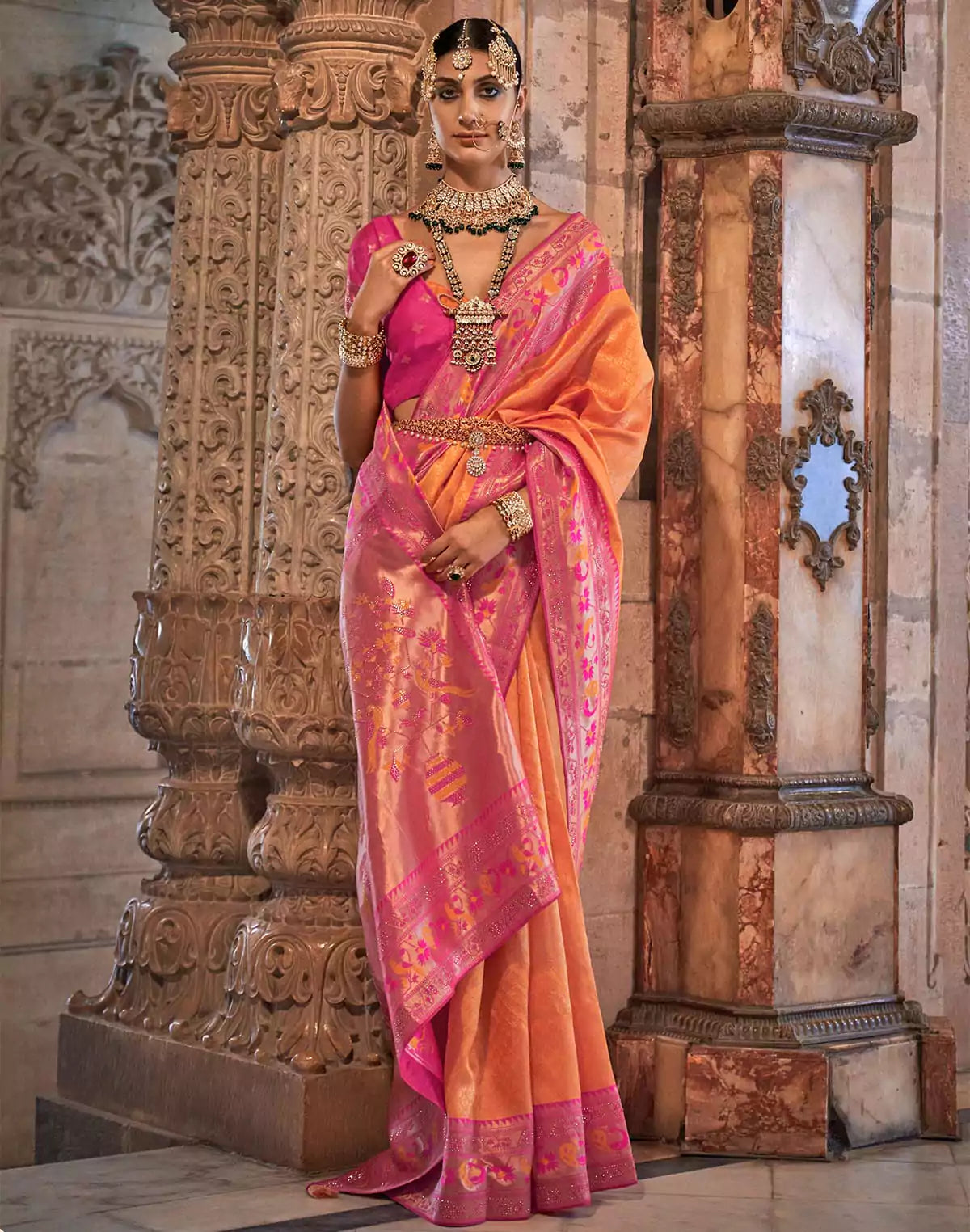 Image of Orange Banaras Silk Party Wear Stones work Saree