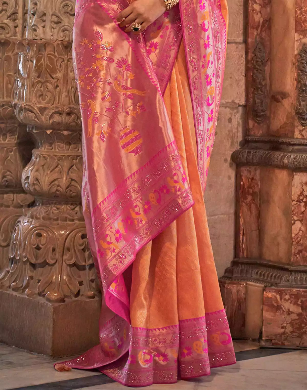 Image of Orange Banaras Silk Party Wear Stones work Saree