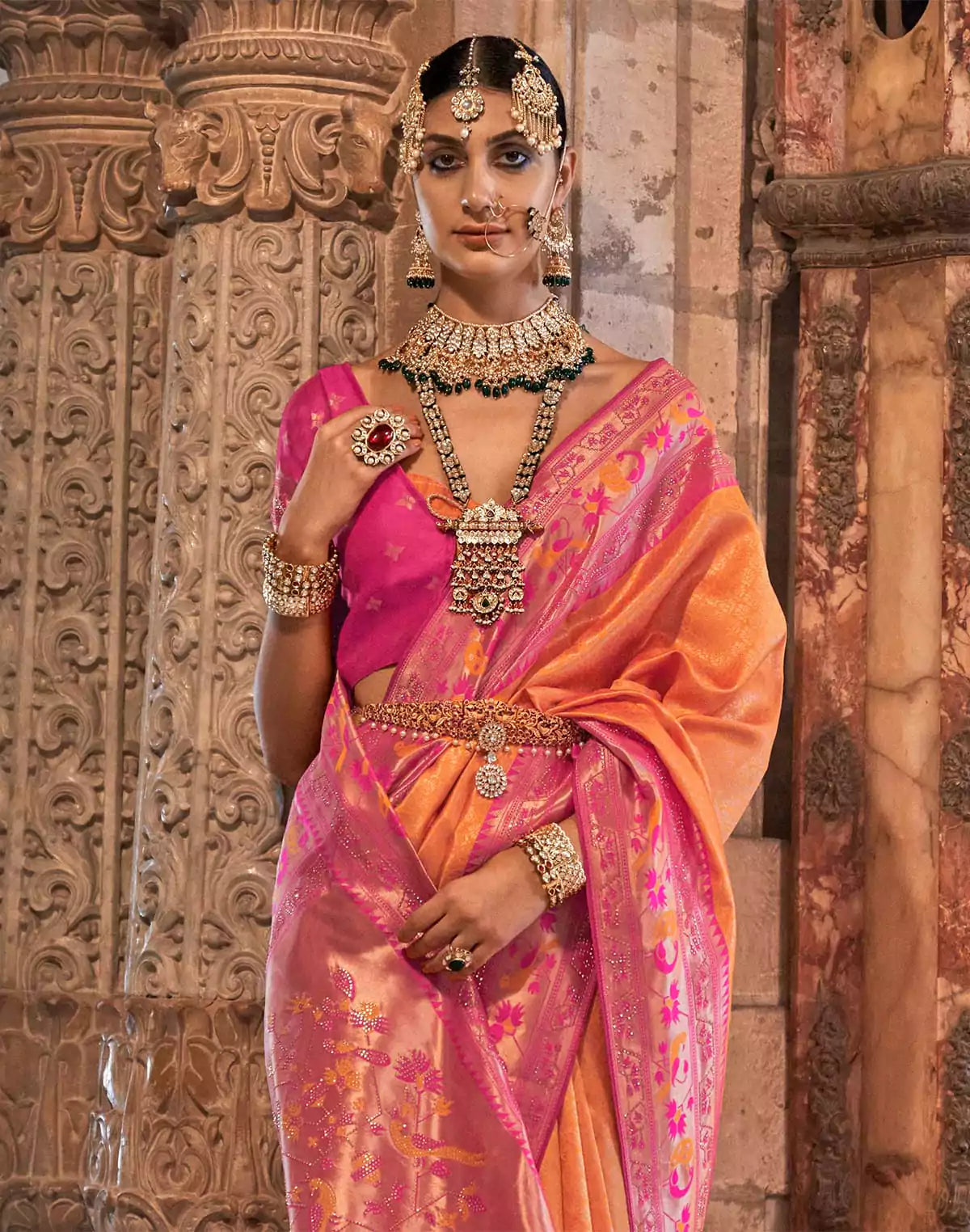Image of Orange Banaras Silk Party Wear Stones work Saree