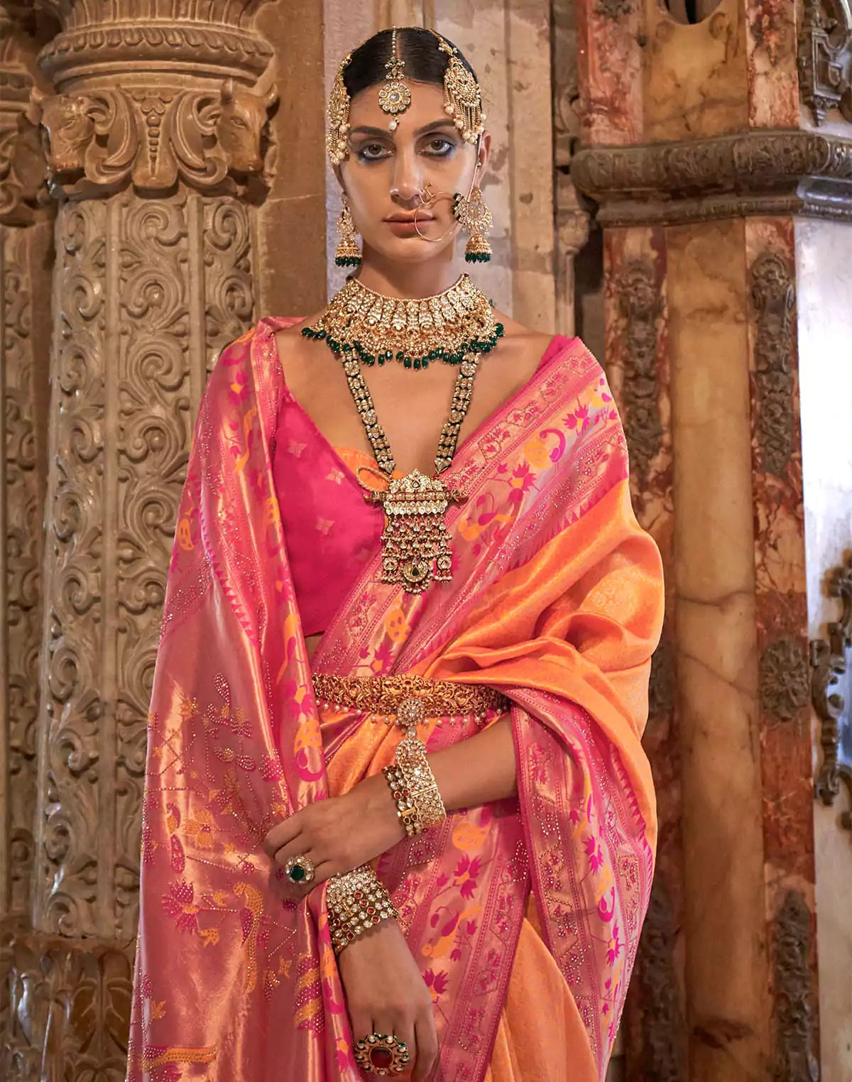 Image of Orange Banaras Silk Party Wear Stones work Saree