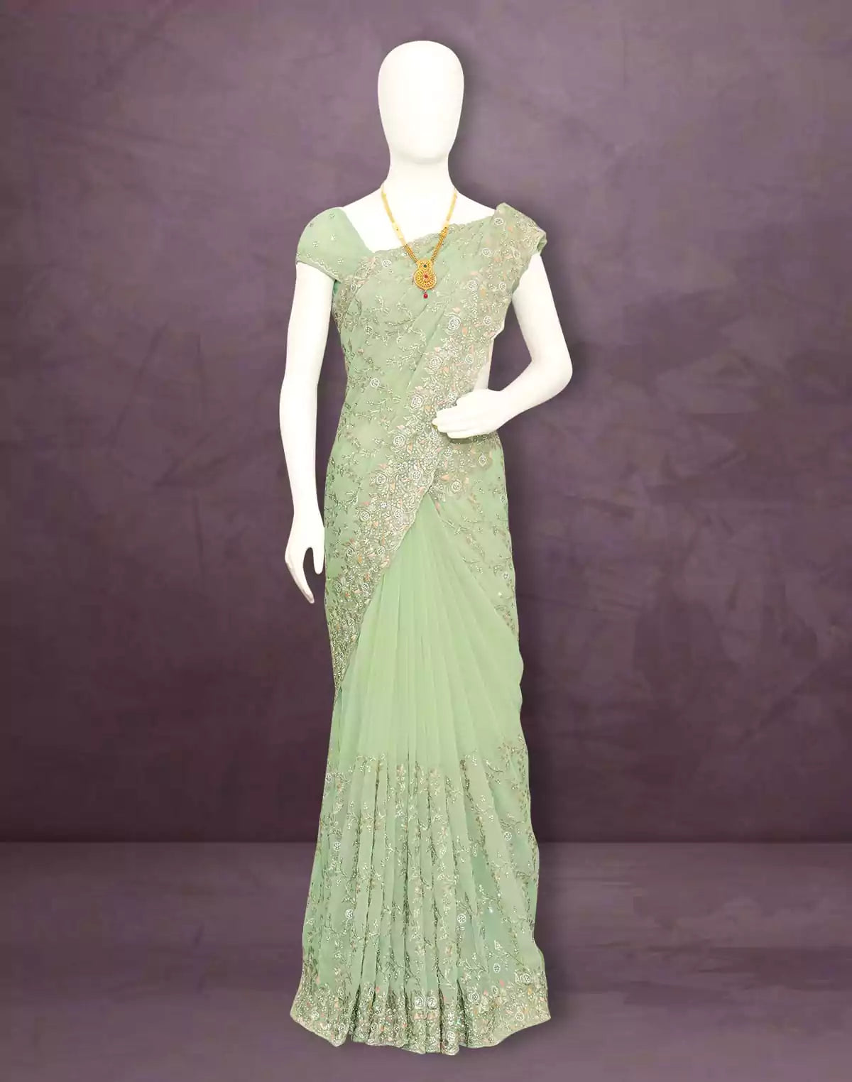 Image of Pista Green Floral Georgette Stones work Saree