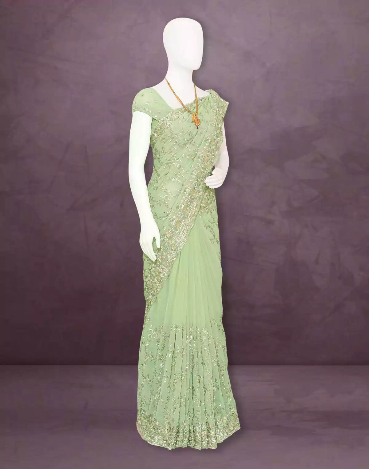 Image of Pista Green Floral Georgette Stones work Saree