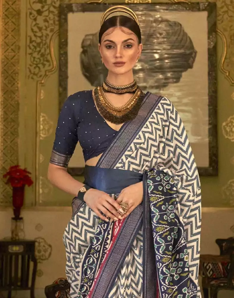 Image of Cream Coloured Smooth Patola Silk Saree