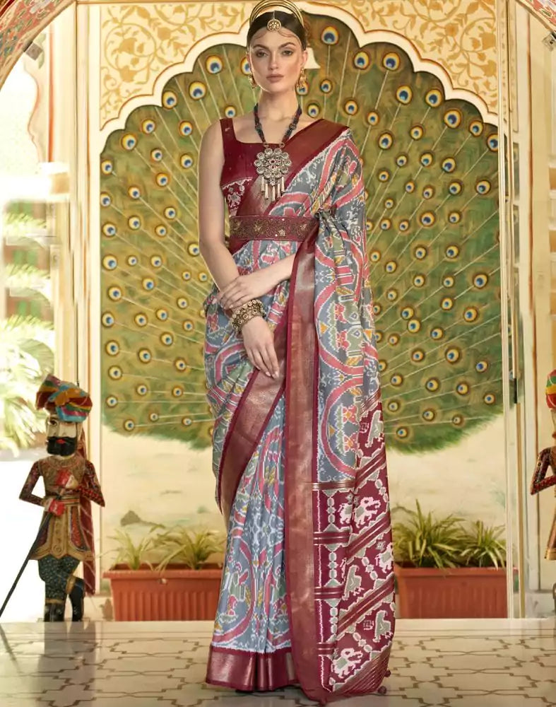 Image of Grey Ikat Smooth Patola Silk Saree