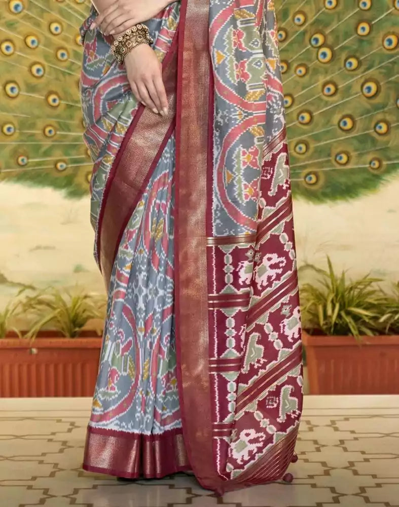 Image of Grey Ikat Smooth Patola Silk Saree