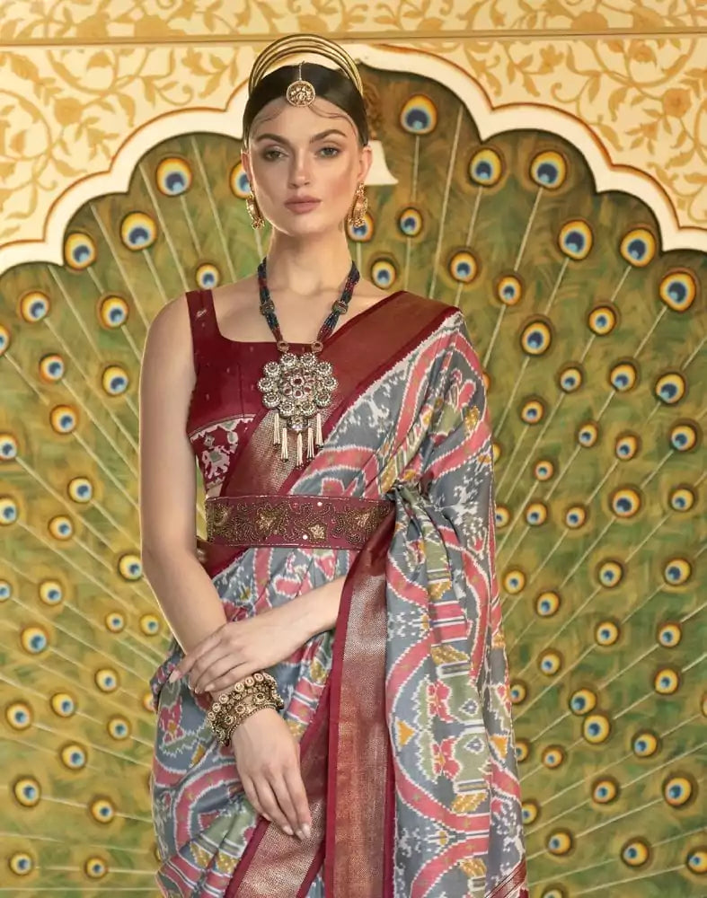 Image of Grey Ikat Smooth Patola Silk Saree