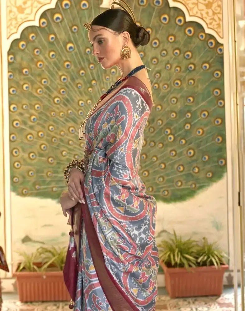 Image of Grey Ikat Smooth Patola Silk Saree