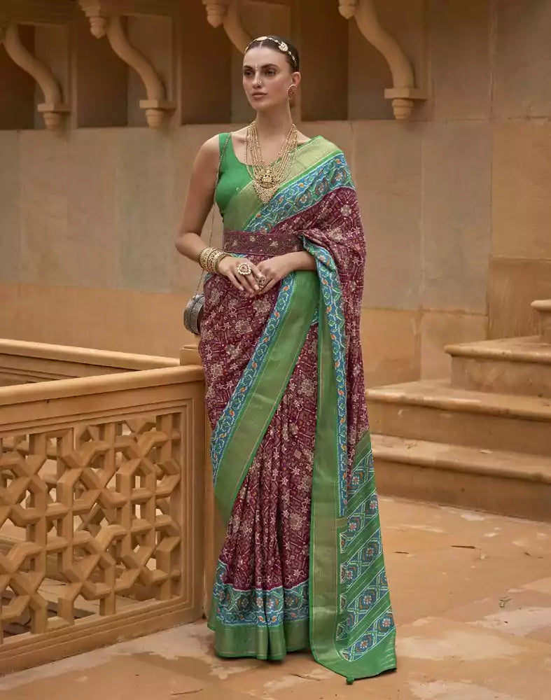 Image of Maroon Color Ikat Print Patola Fabric Saree