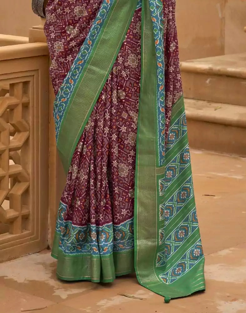 Image of Maroon Color Ikat Print Patola Fabric Saree
