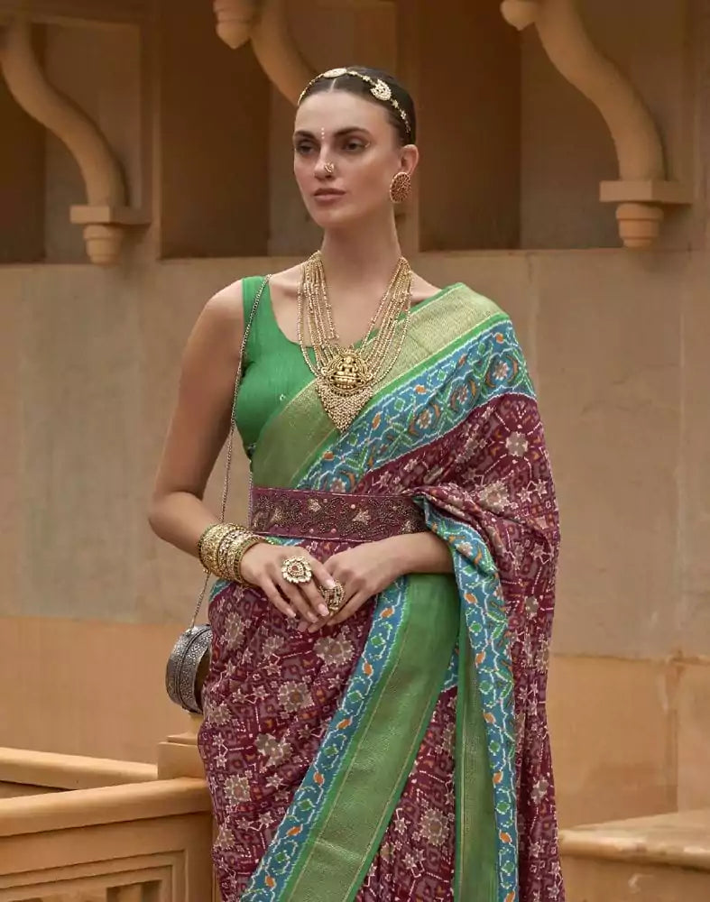 Image of Maroon Color Ikat Print Patola Fabric Saree