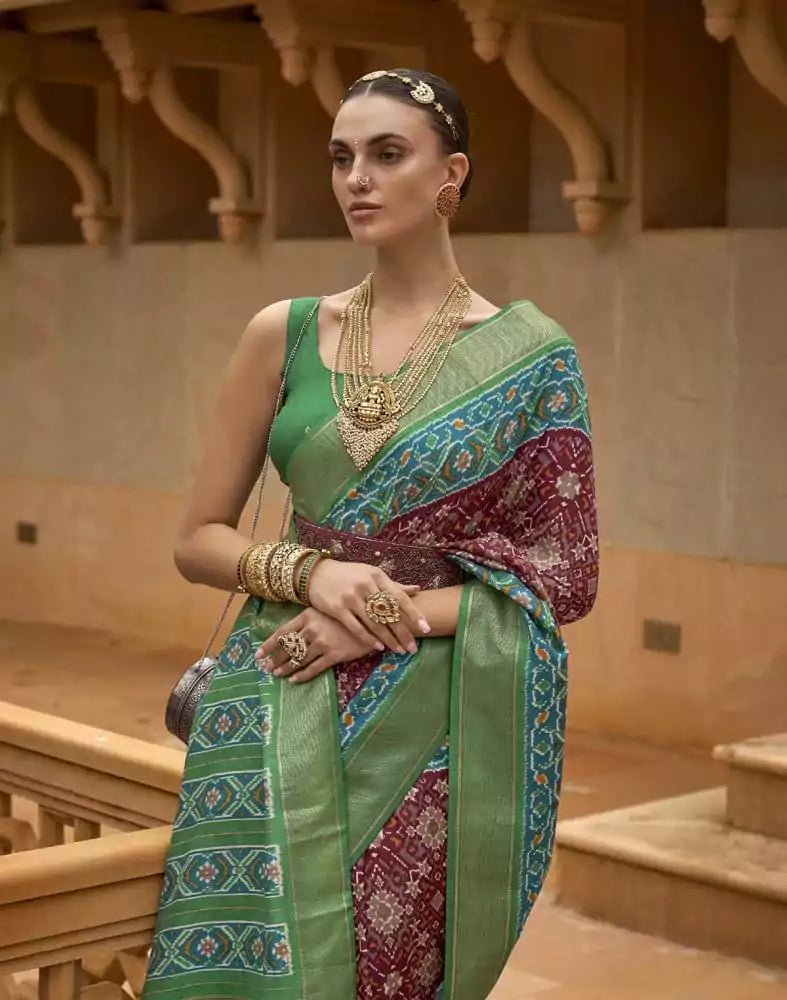 Image of Maroon Color Ikat Print Patola Fabric Saree