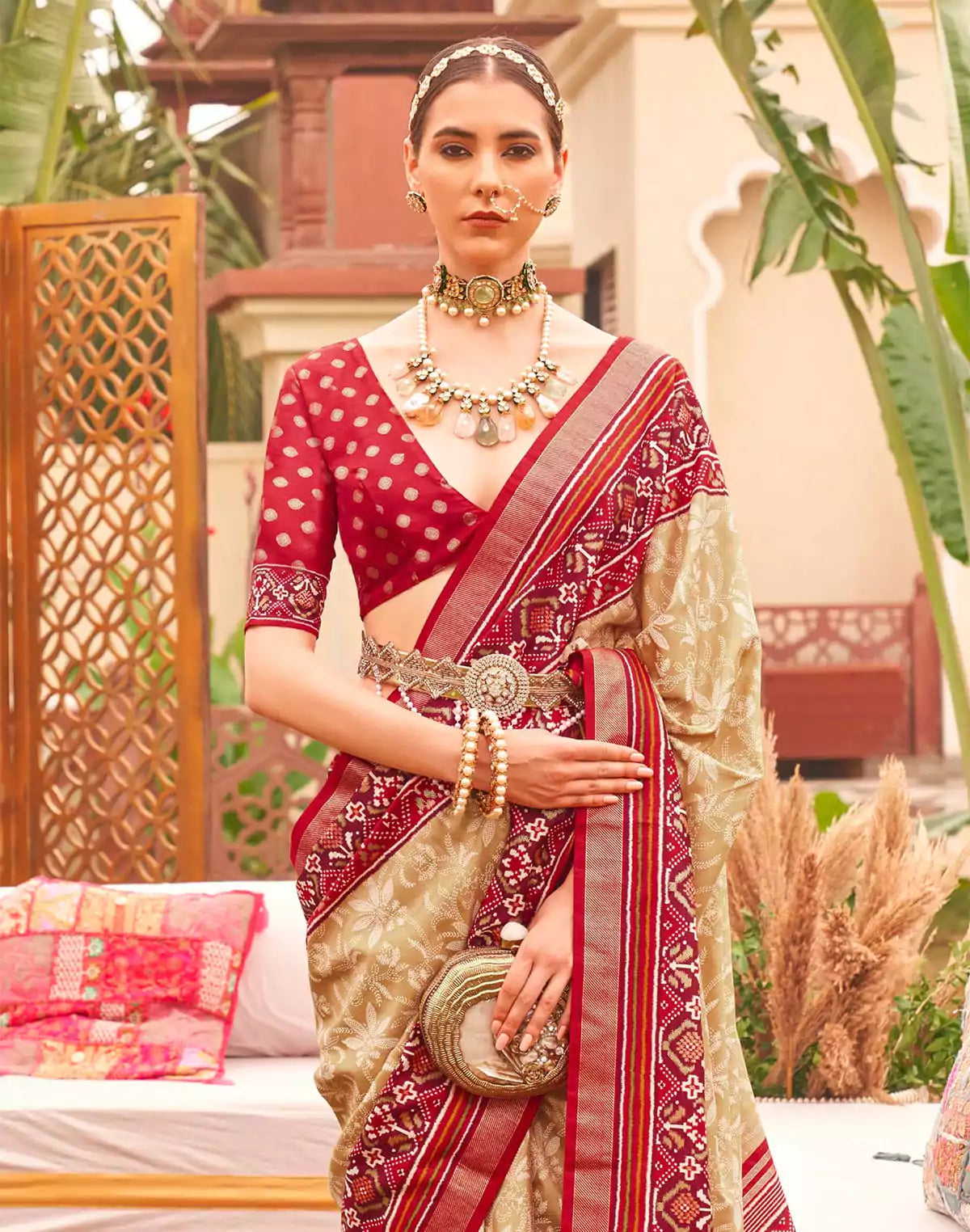 Image of Cream and Red Floral Patola Silk Designer Saree