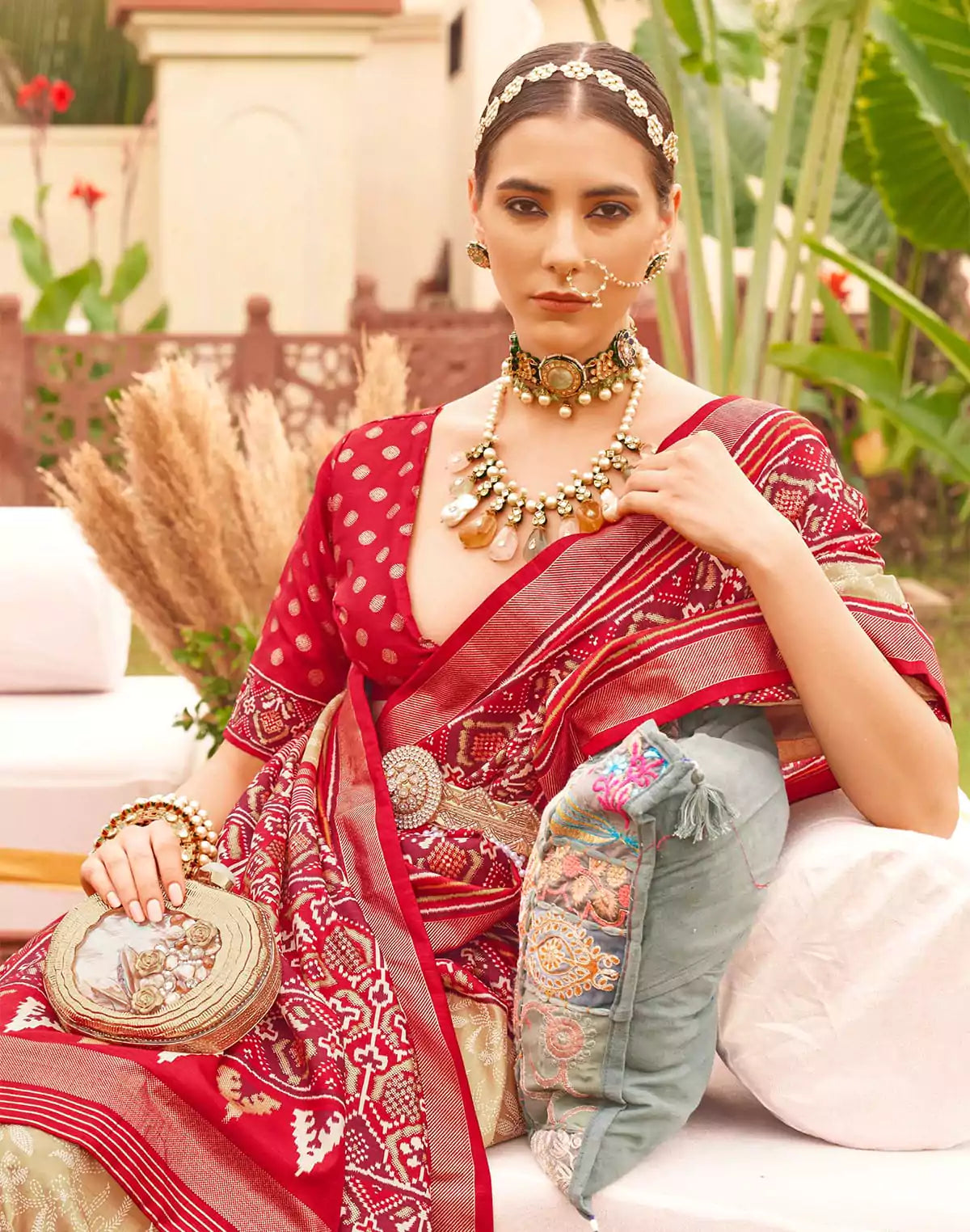 Image of Cream and Red Floral Patola Silk Designer Saree