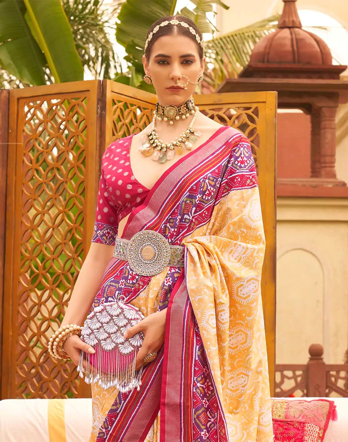 Image of Light Yellow Patola Silk Contrast Saree