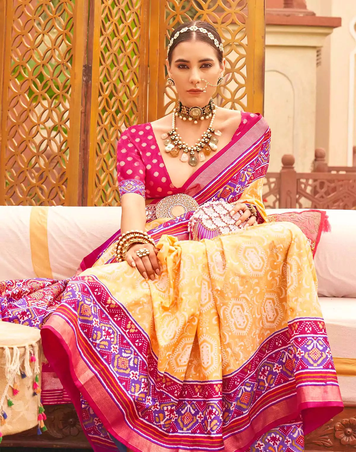 Image of Light Yellow Patola Silk Contrast Saree