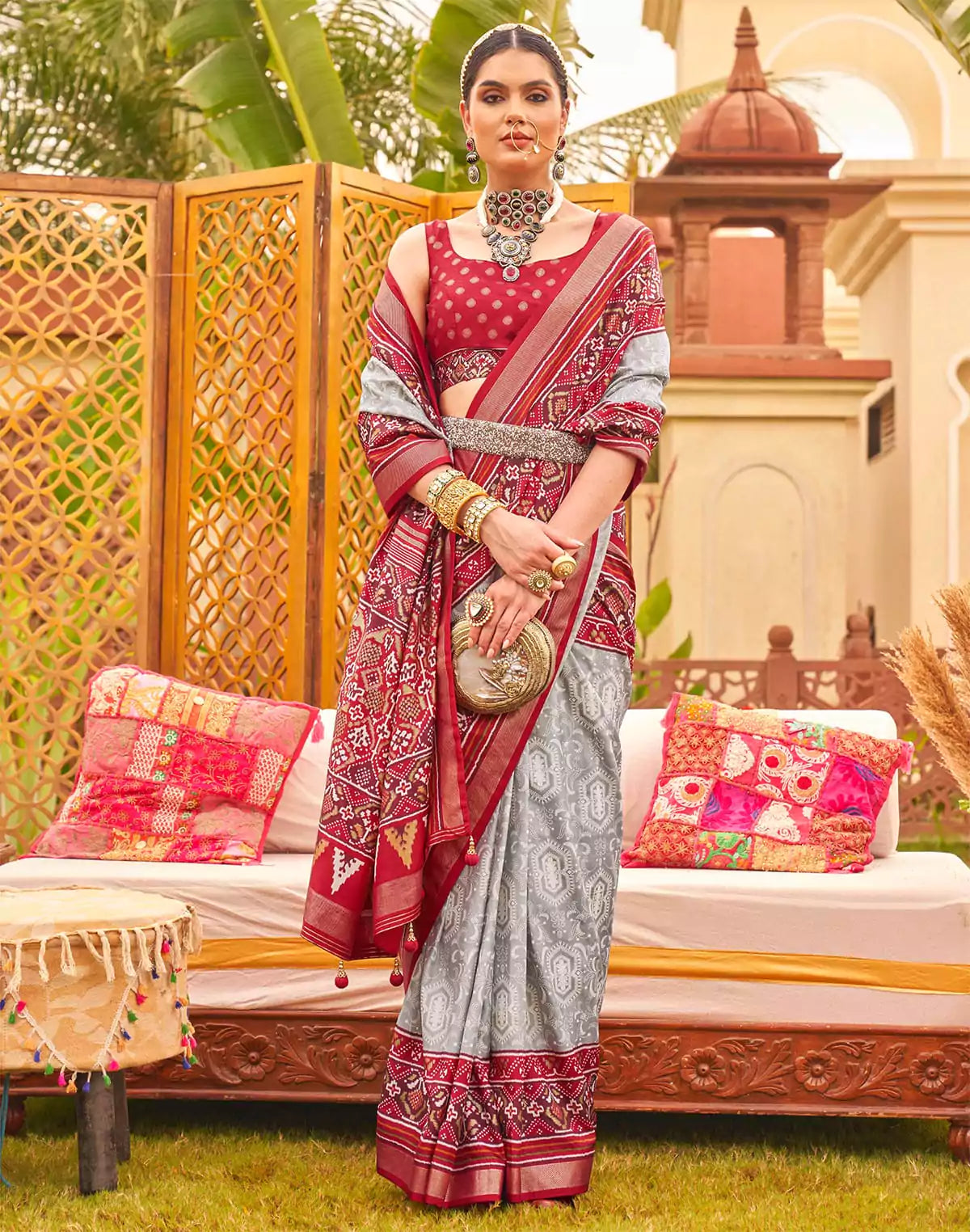Image of Grey and Red Traditional Patola Silk Saree
