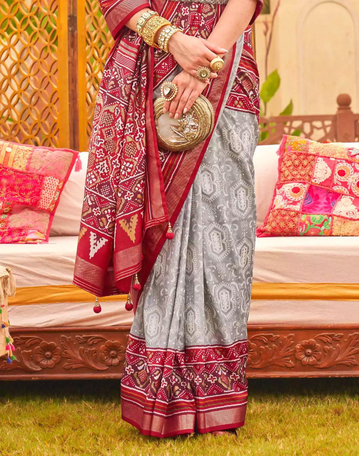 Image of Grey and Red Traditional Patola Silk Saree