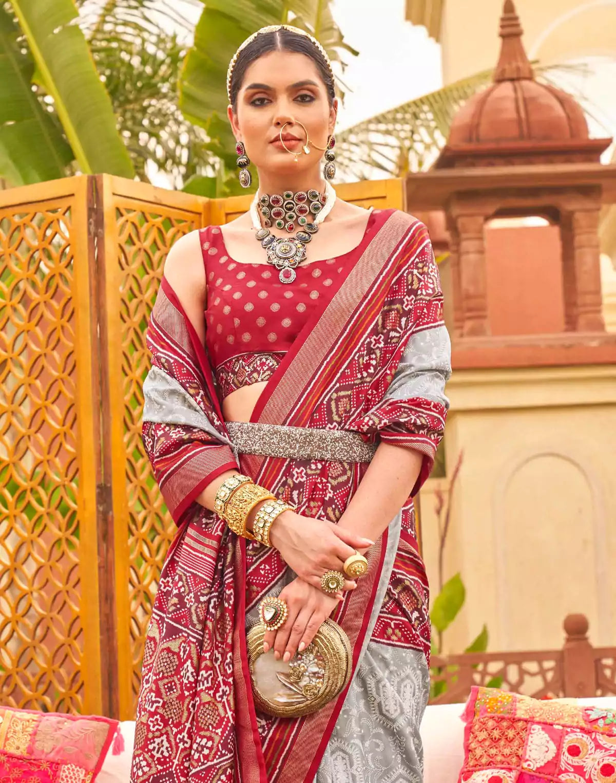 Image of Grey and Red Traditional Patola Silk Saree