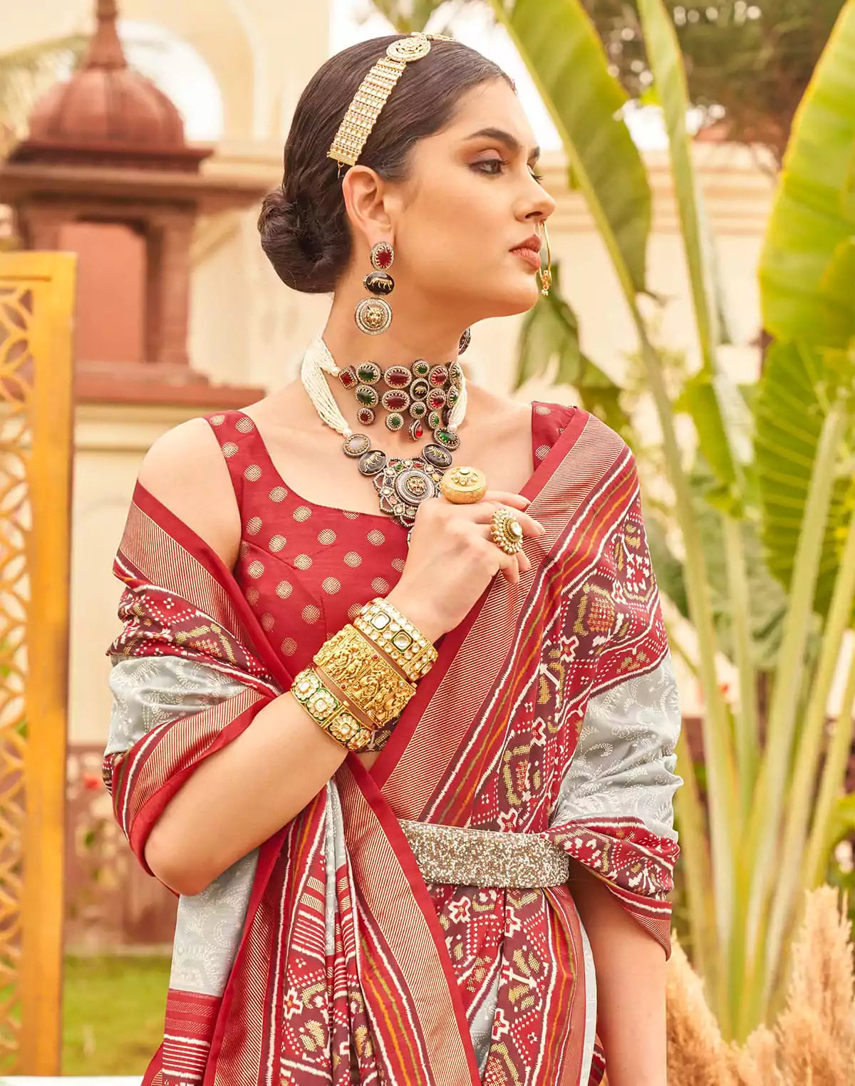 Image of Grey and Red Traditional Patola Silk Saree