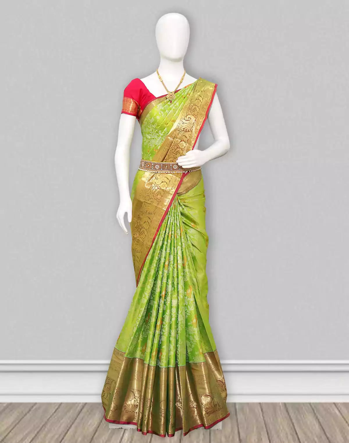 Image of Parrot Green Silver and Golden Zari Pattu Saree