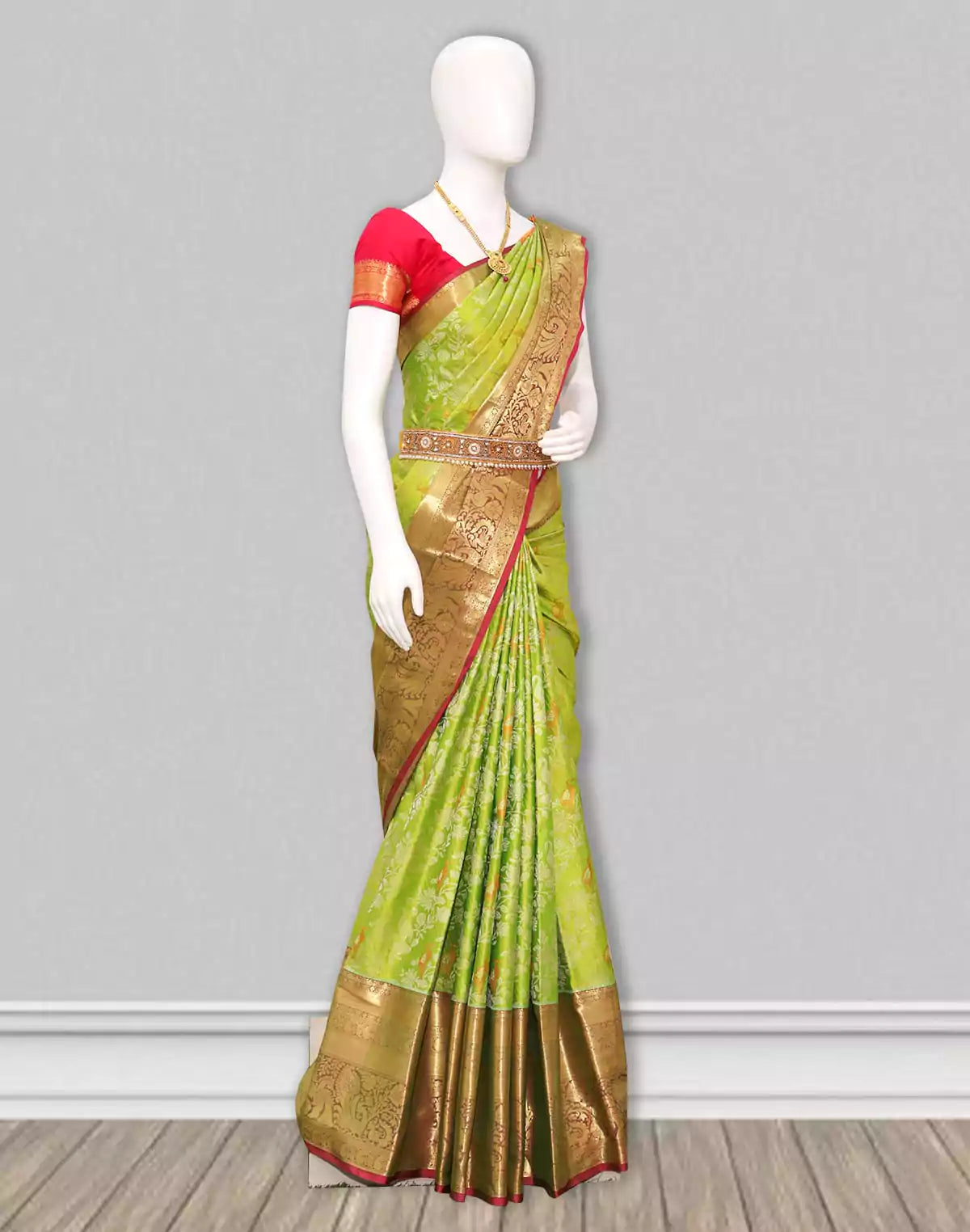 Image of Parrot Green Silver and Golden Zari Pattu Saree