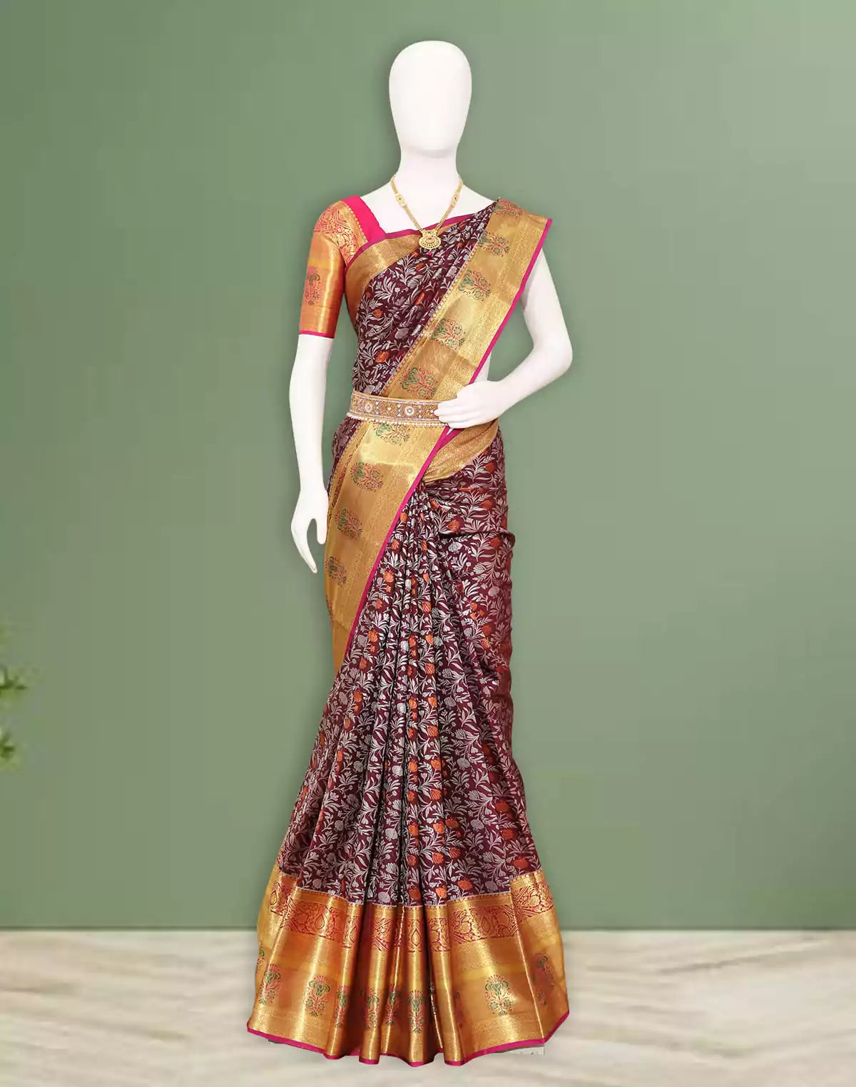 Image of Brown Floral Silver and Golden Zari Silk Saree