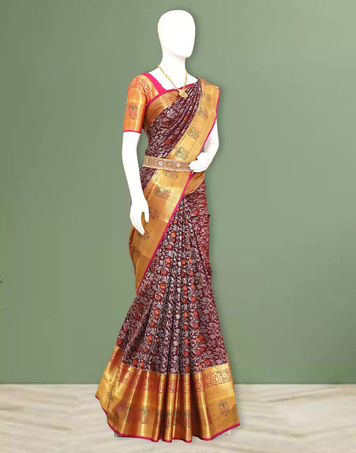 Image of Brown Floral Silver and Golden Zari Silk Saree