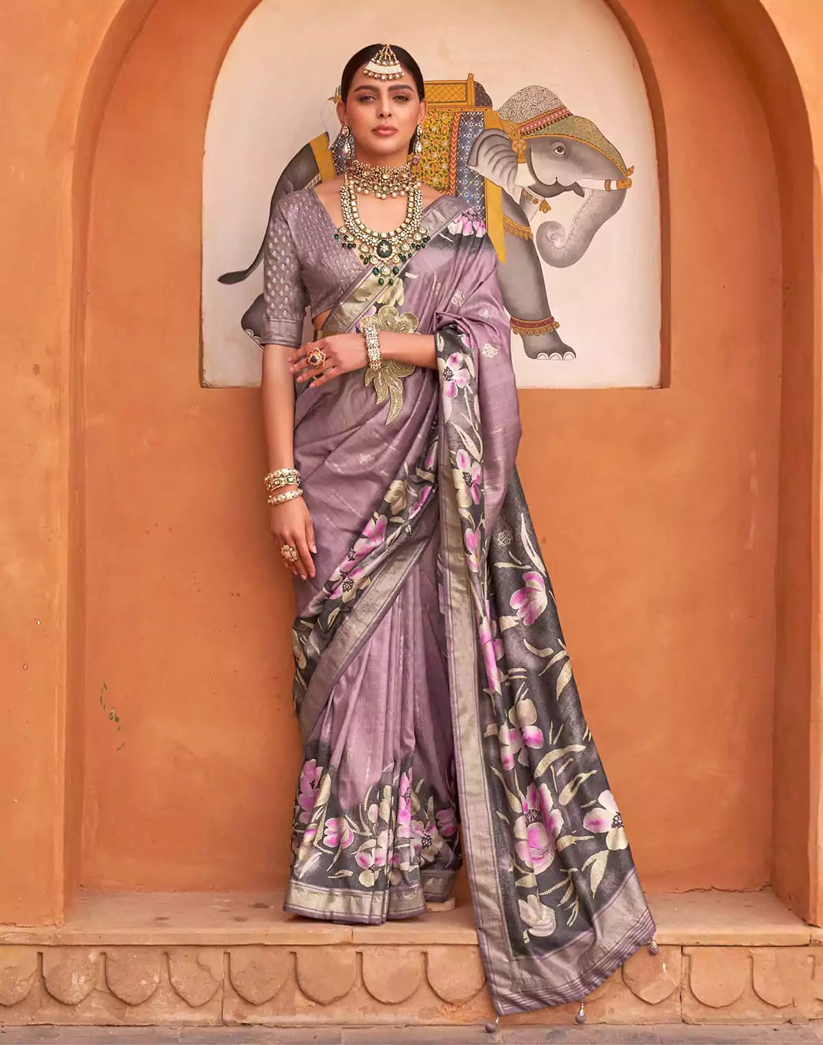 Image of Light Purple Soft Silk Saree with Floral Print