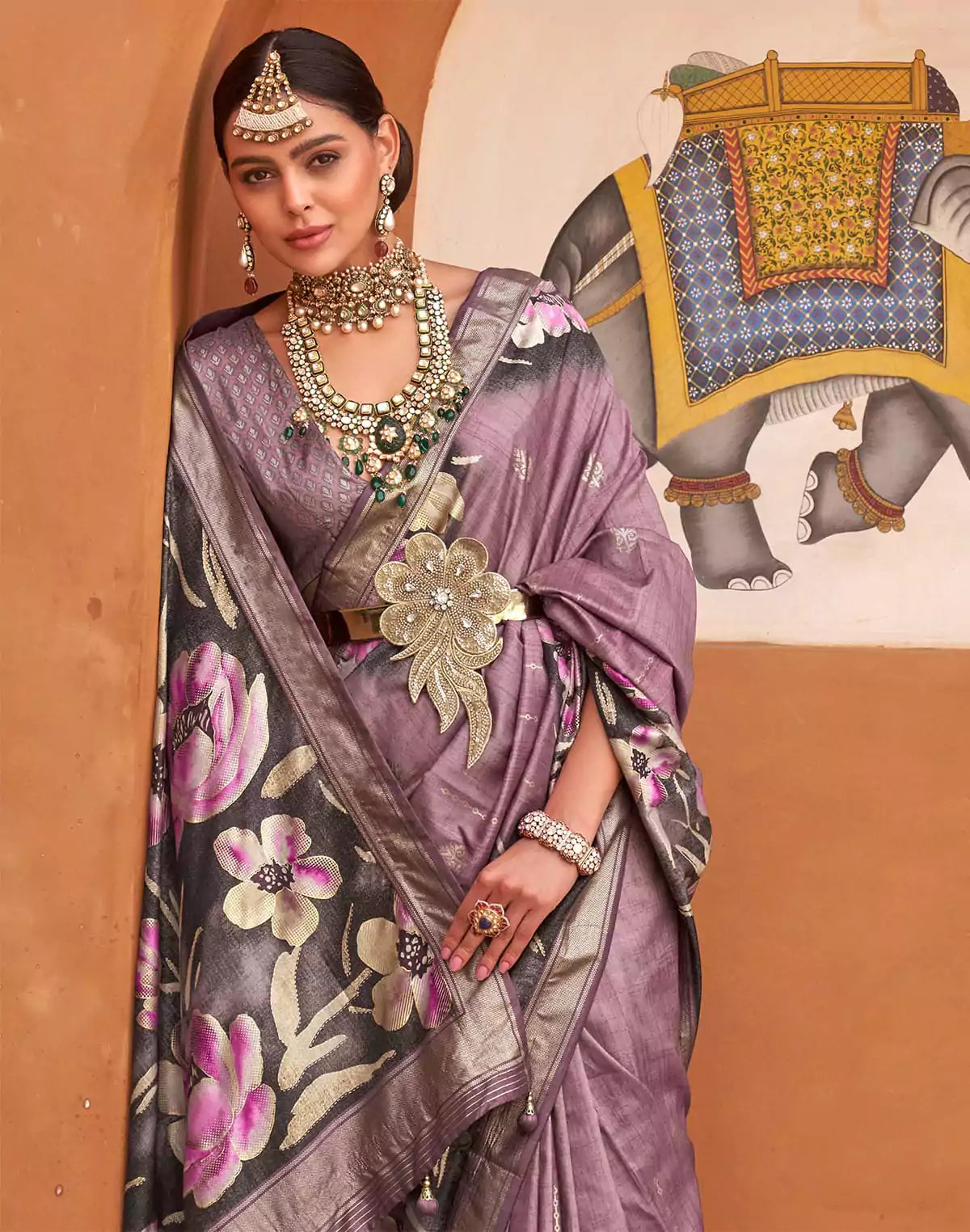 Image of Light Purple Soft Silk Saree with Floral Print