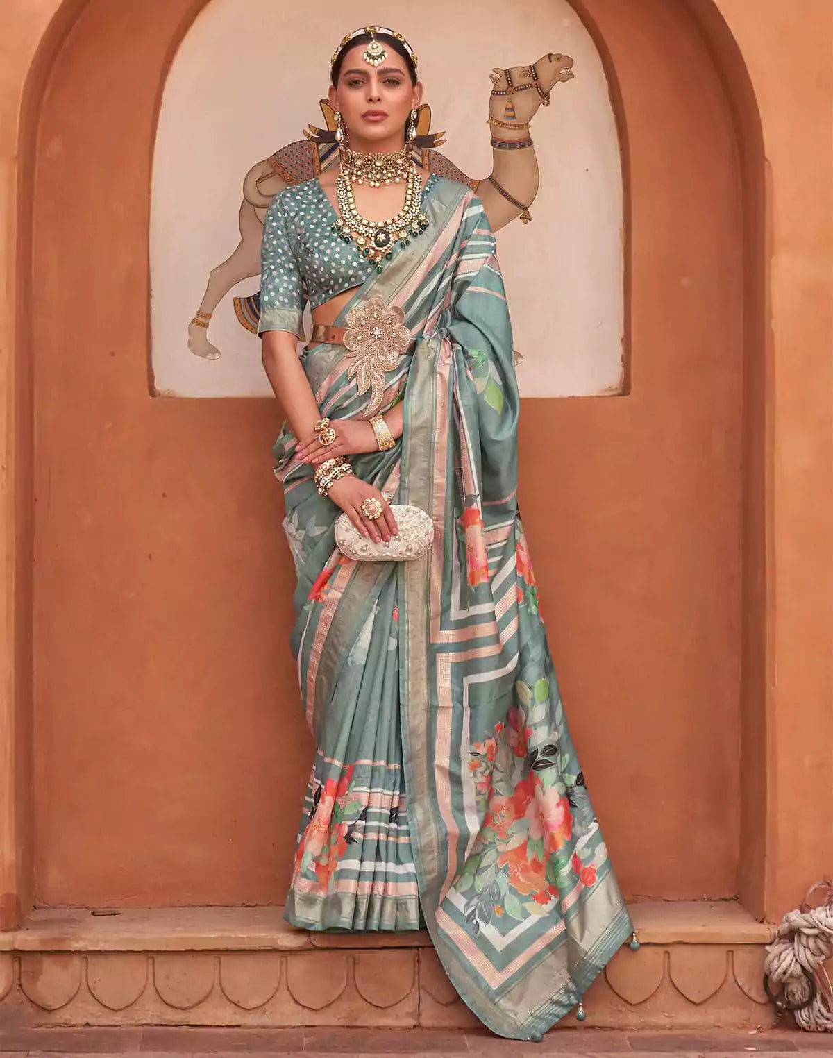Image of Antique Grey Soft Silk Saree with Floral Print