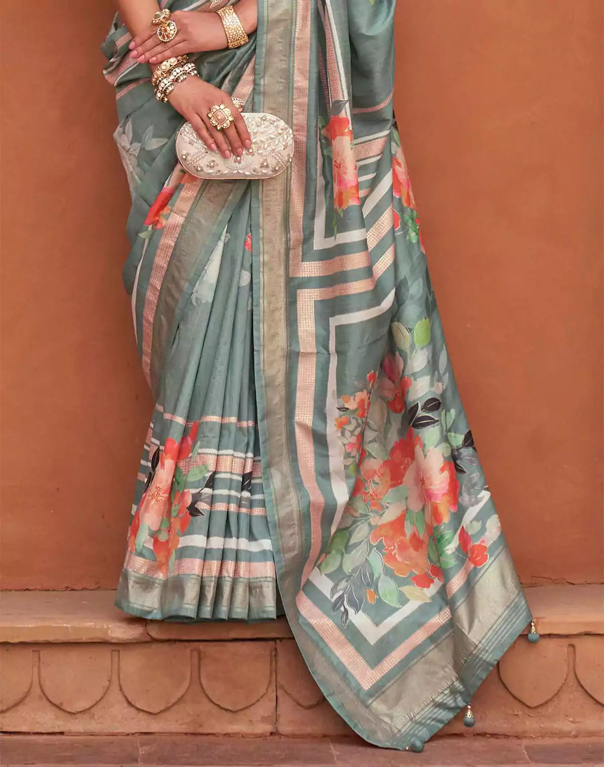 Image of Antique Grey Soft Silk Saree with Floral Print