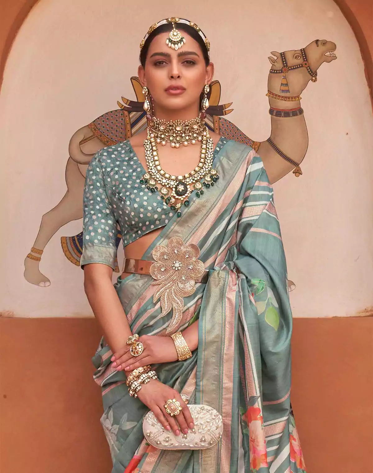 Image of Antique Grey Soft Silk Saree with Floral Print