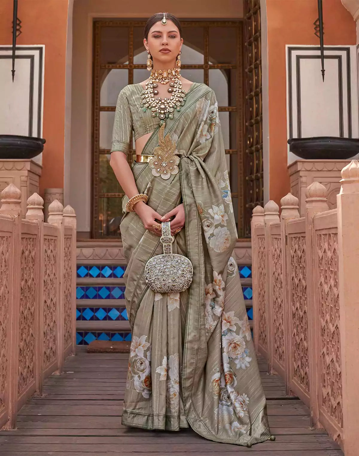 Image of Dark Beige Floral Print Soft Silk Saree