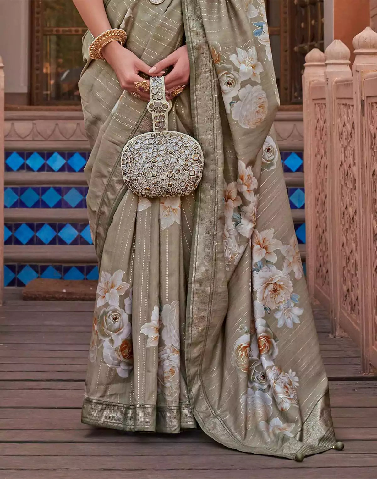 Image of Dark Beige Floral Print Soft Silk Saree