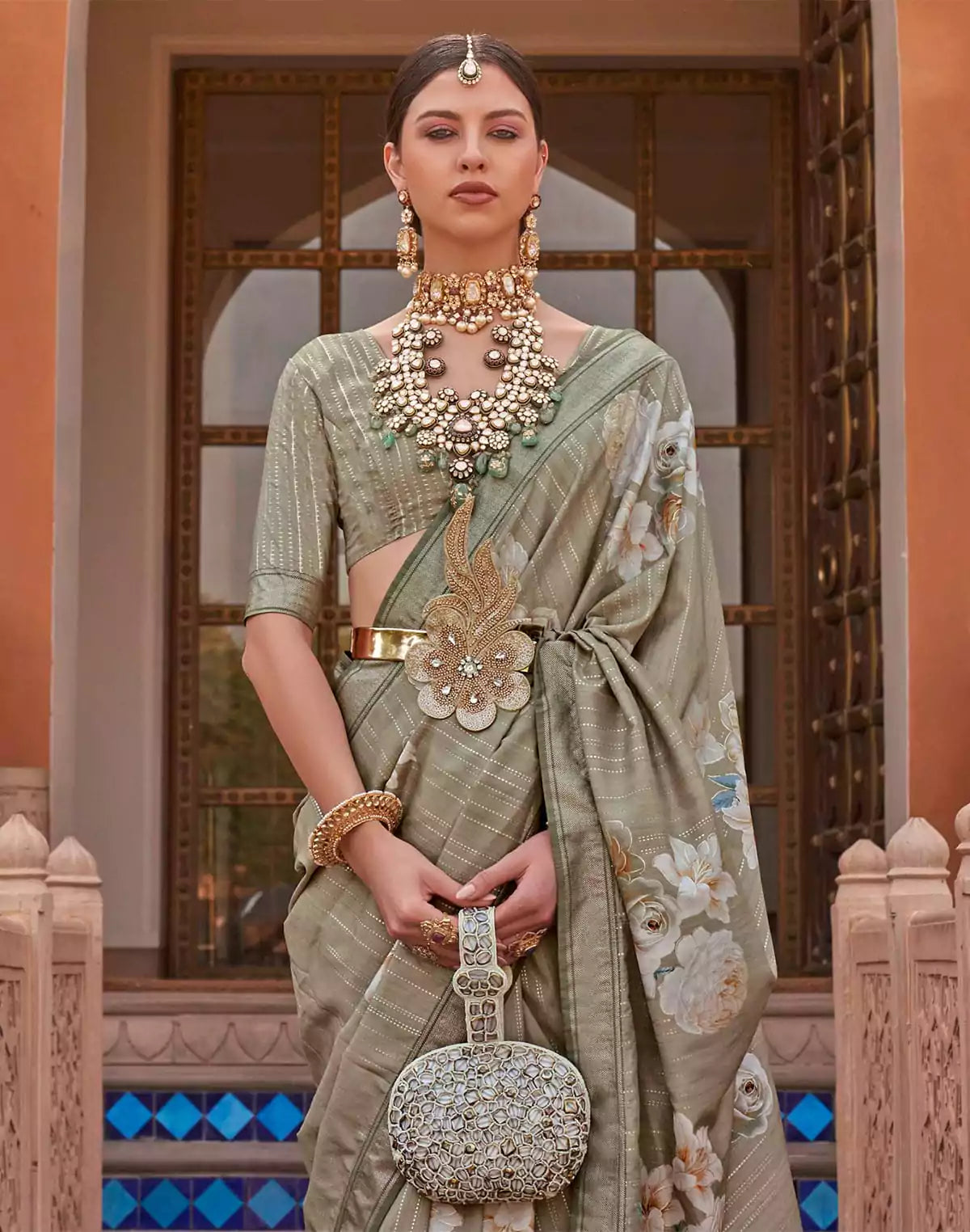 Image of Dark Beige Floral Print Soft Silk Saree