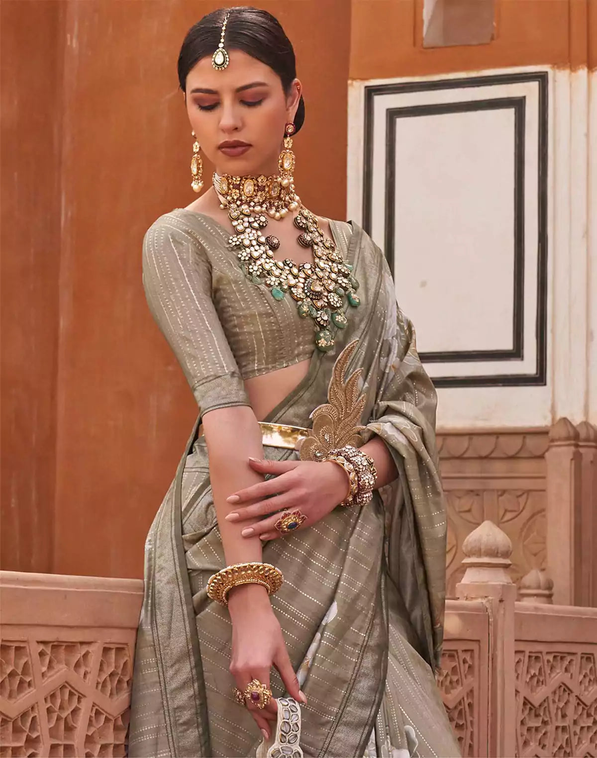 Image of Dark Beige Floral Print Soft Silk Saree