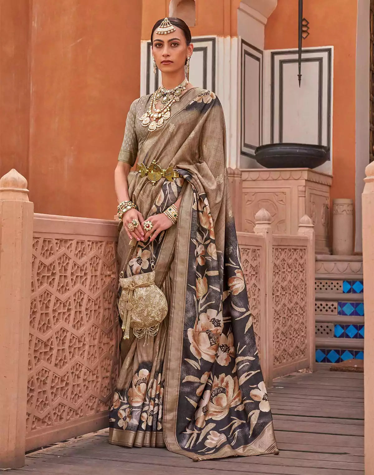 Image of Classy Brown Floral Printed Soft Silk Saree