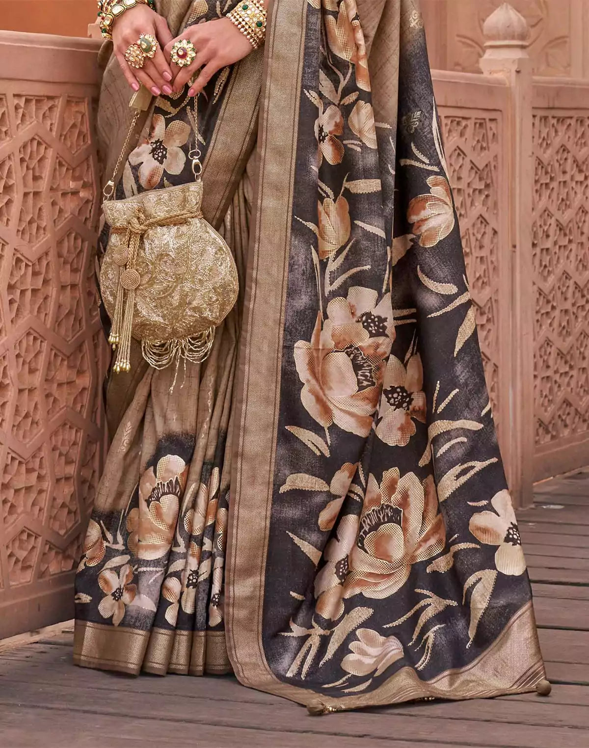 Image of Classy Brown Floral Printed Soft Silk Saree