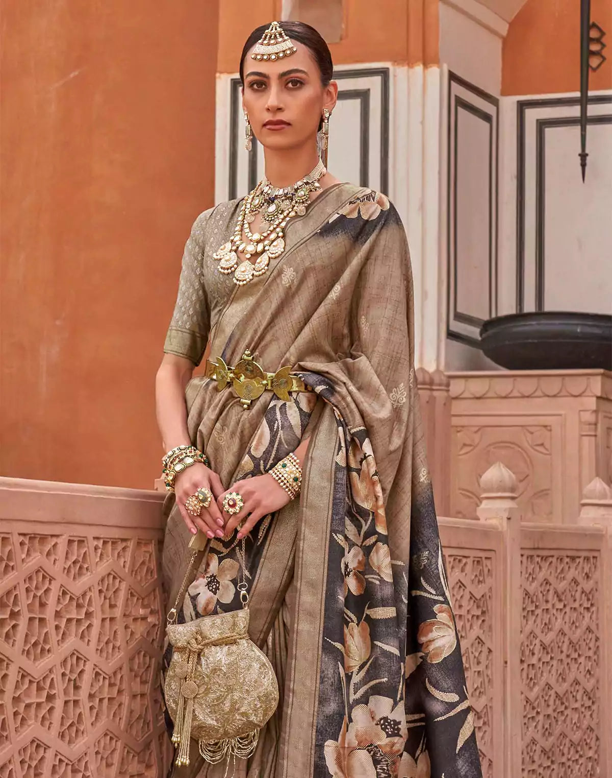 Image of Classy Brown Floral Printed Soft Silk Saree