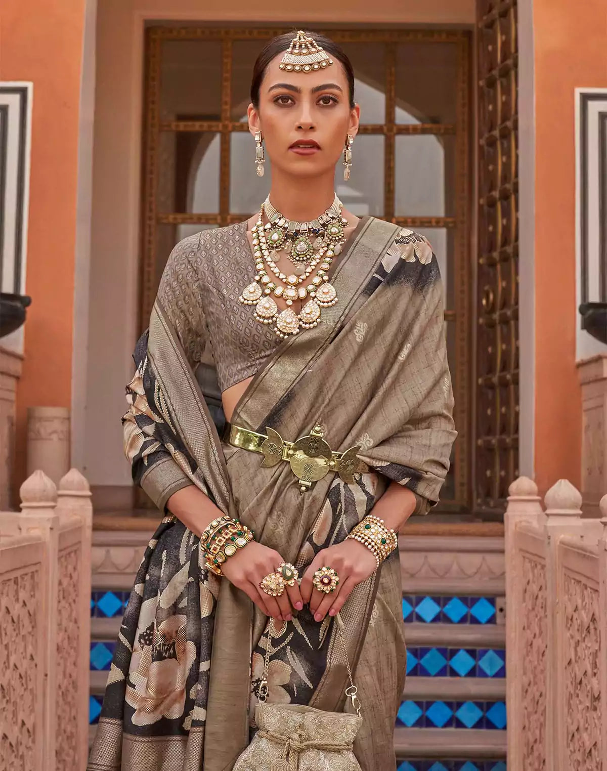 Image of Classy Brown Floral Printed Soft Silk Saree