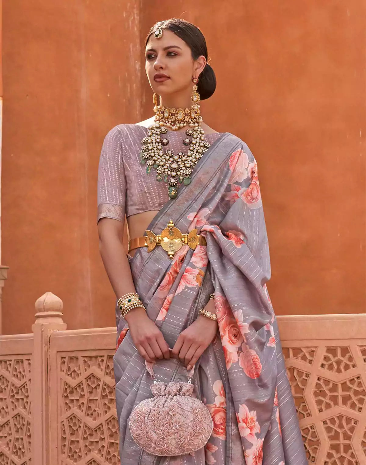 Image of Grey Floral Print Soft Silk Fabric Saree
