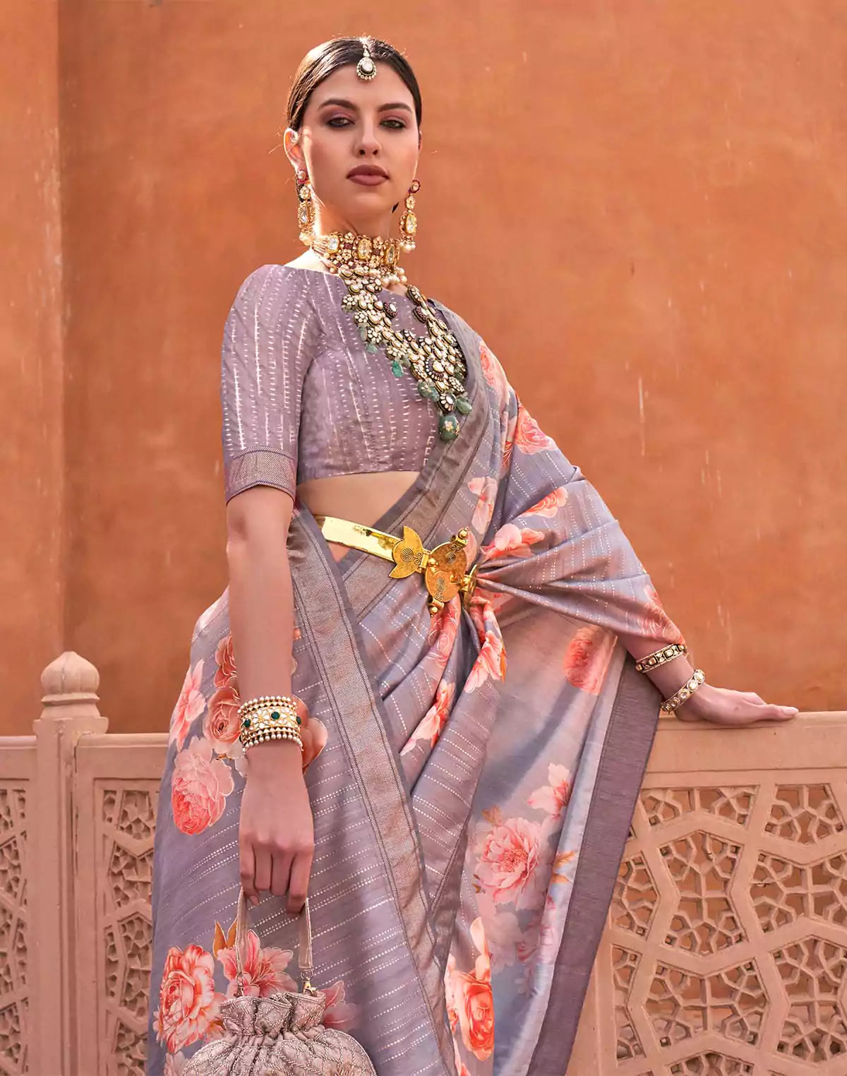 Image of Grey Floral Print Soft Silk Fabric Saree