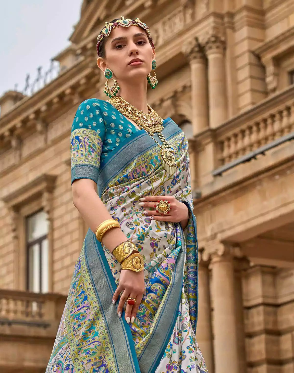 Image of Cyan Blue Kalamkari Print Patola Silk Saree