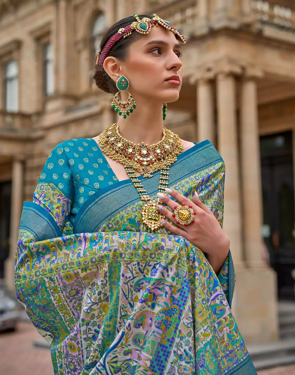 Image of Cyan Blue Kalamkari Print Patola Silk Saree