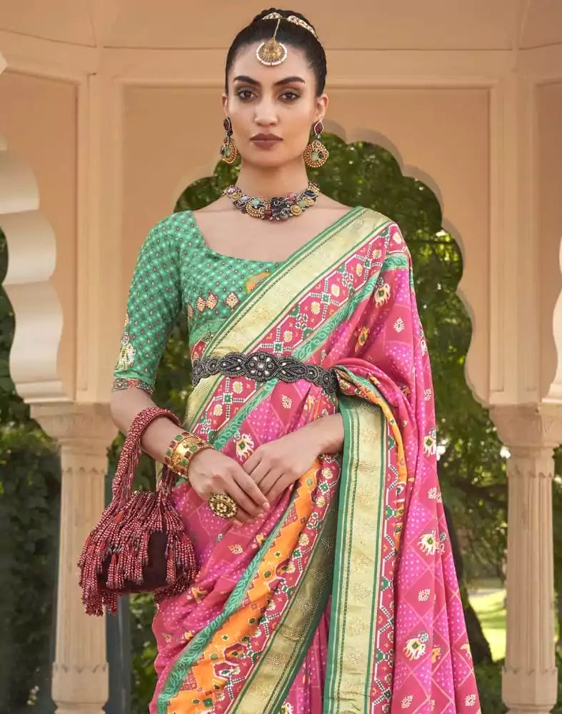 Image of Pink Ikat Mirror work Patola Saree