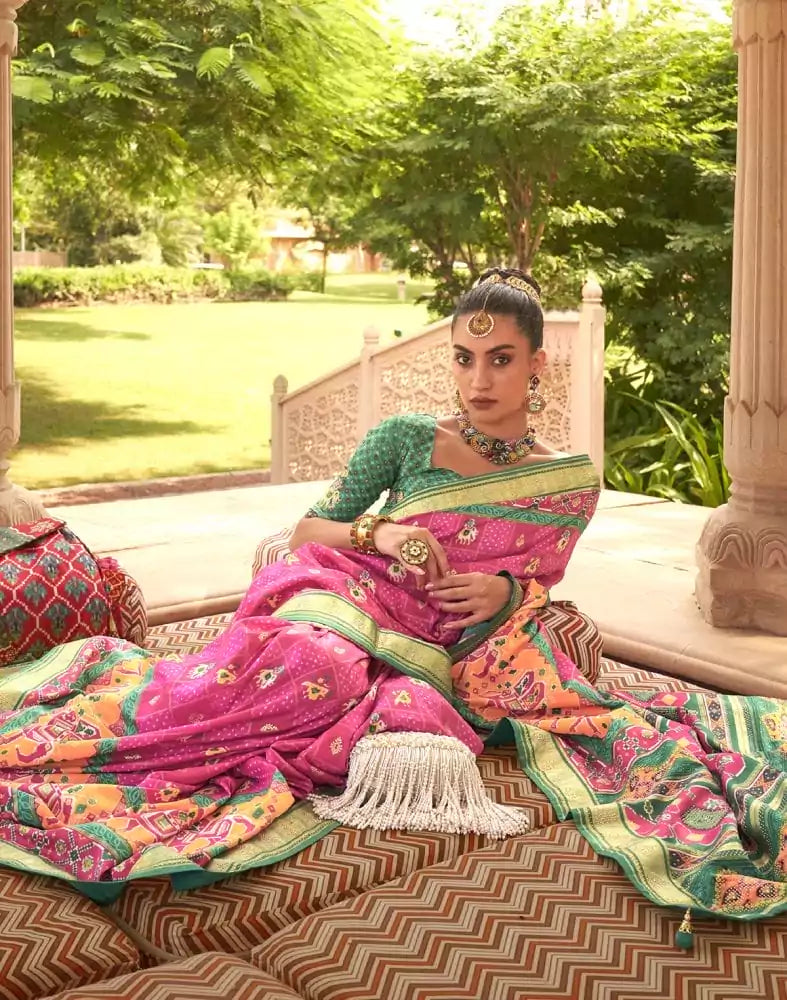 Image of Pink Ikat Mirror work Patola Saree
