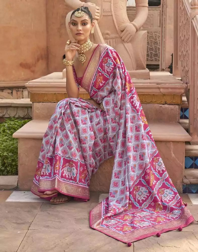 Image of Stylish Light Grey Ikat Print Patola Saree