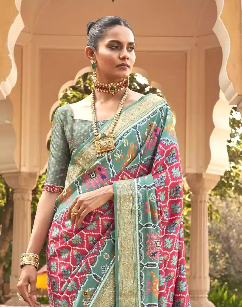 Image of Red and Blue Ikat Print Patola Saree