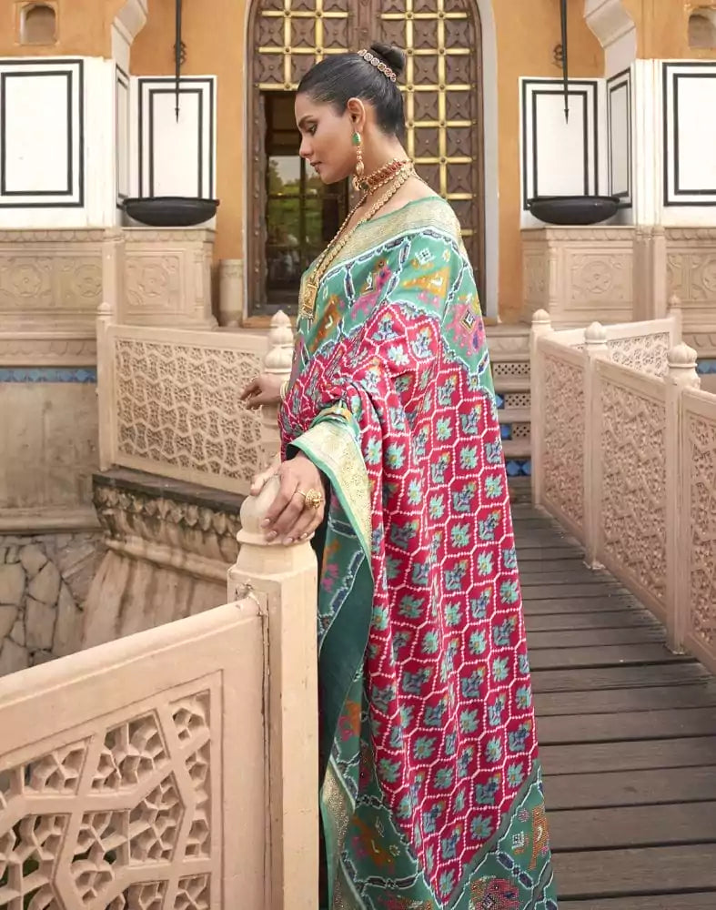 Image of Red and Blue Ikat Print Patola Saree